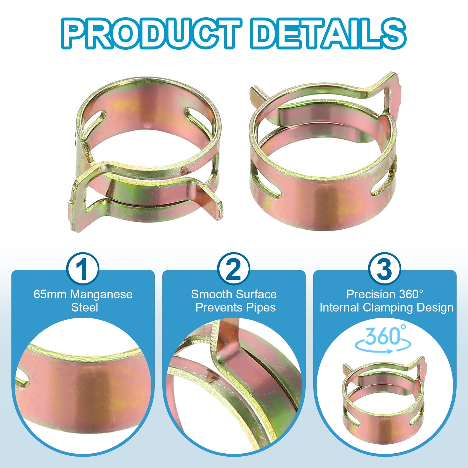 Spring Band Hose Pipe Clamps for 19-22.3 mm OD Hose, 50 Pack Tension Band Clips for Fuel Line Tube Water Pipe, Gold
