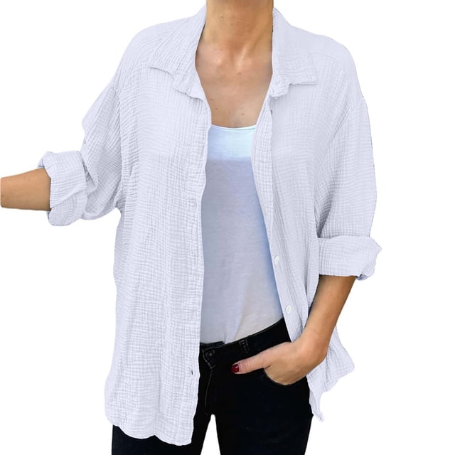 TIMIFIS Chemises Blanches pour Femmes à Boutons Automne Décontracté Col Rabattu Blouses Amples Manches Longues Cardigan Tops