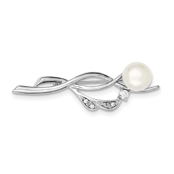 Sterling Silver Rhodium-plated Cubic Zirconia Freshwater Cultured Pearl Pin
