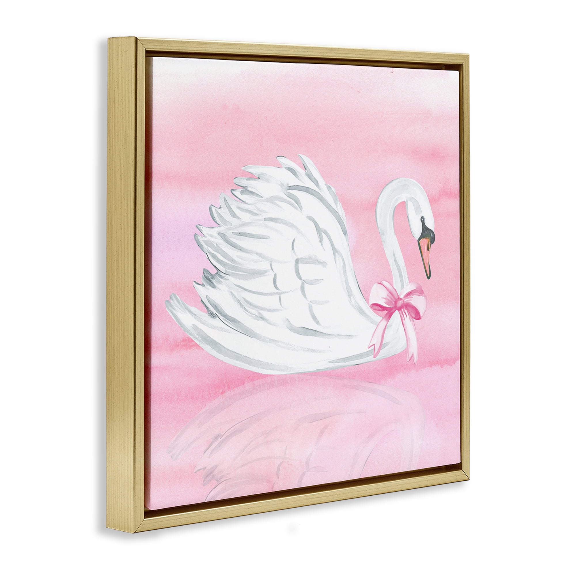 Stupell Industries Pink Bow Swan Gold Framed Floater Canvas Wall Art, design by Corinne Haig