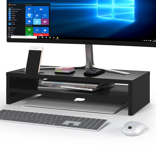 Soporte para monitor BONTEC Wood, 2 niveles con almacenamiento, 54 cm, negro