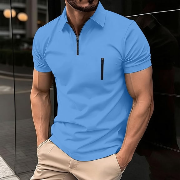 Kalauyu Mens Short Sleeve Zip Collar Shirts Zipper with Chest Pocket Collared Slim Casual Athletic Tees