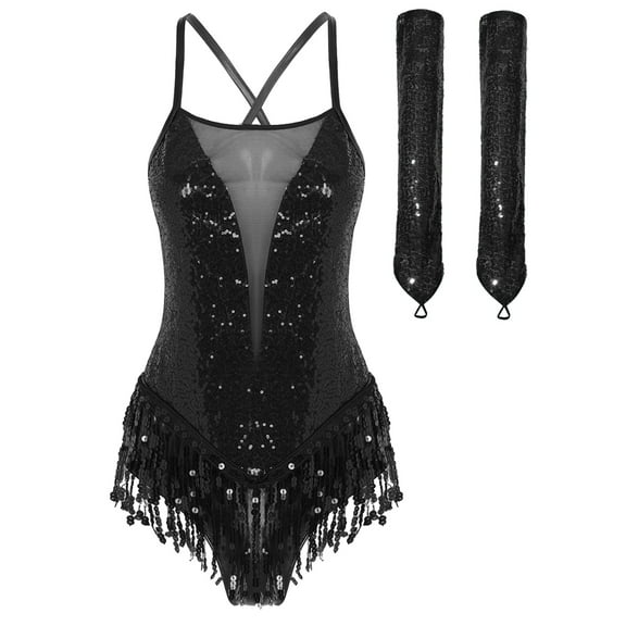 Xnihocha Women Sleeveless Fringe Latin Dance Leotard with Sequin Long Gloves Cha Cha Salsa Dancewear Black S