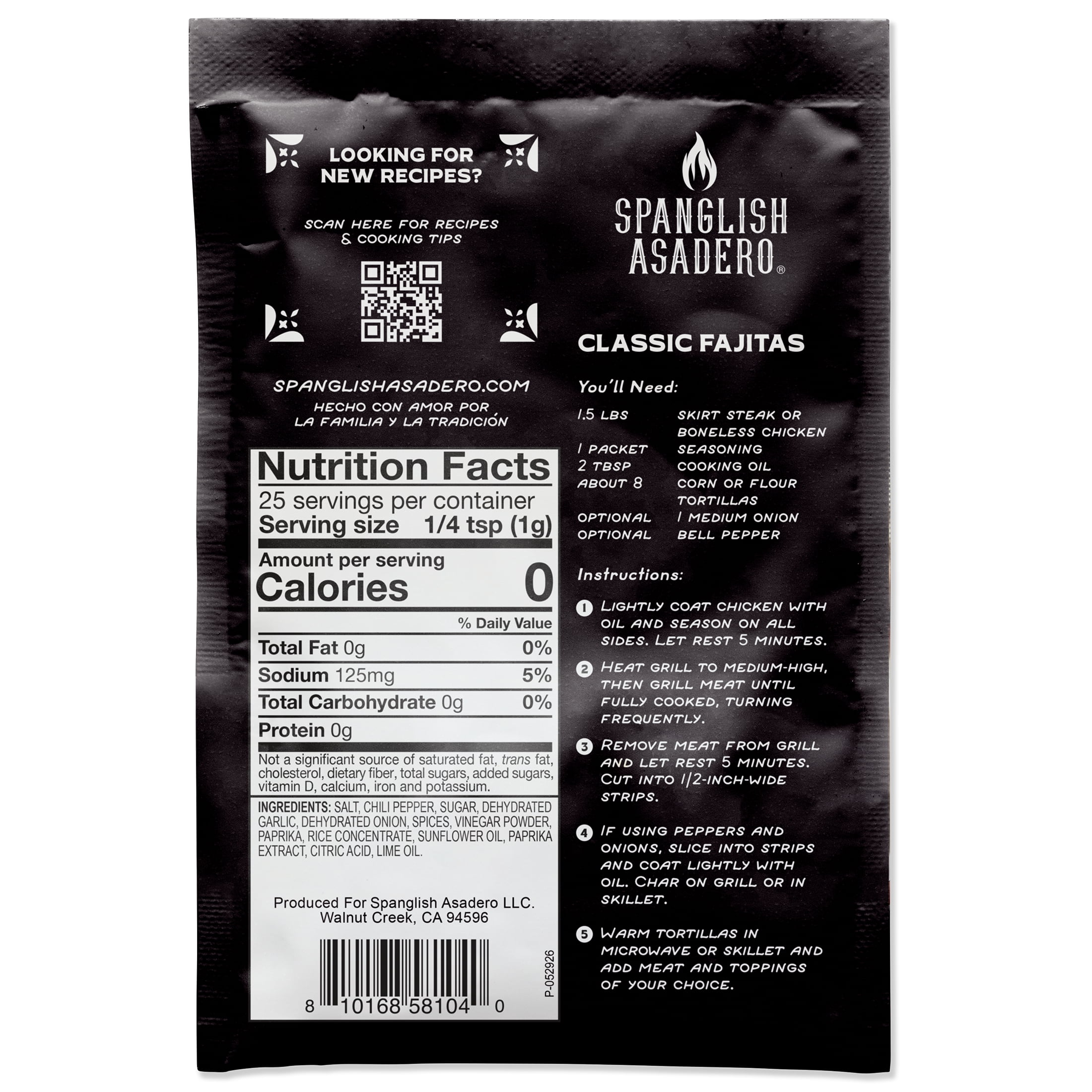 Spanglish Asadero Fajita Seasoning Blend with Garlic, Chilis, Spices & Citrus, 0.9 oz Packet