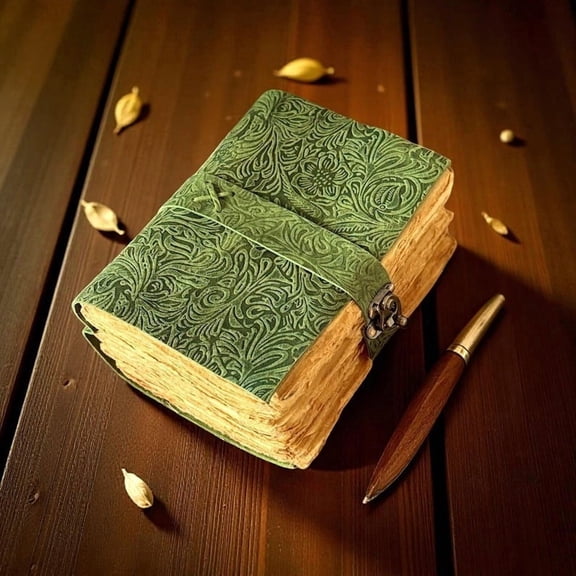 Handmade Green Leather Journal with Floral Embossing – 5x7 Inch Vintage Notebook, 200 Pages of Handmade Paper, Wrap Closure – Writing, Sketching & Gift Diary