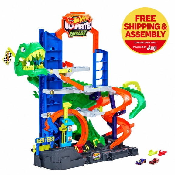 Hot Wheels City Ultimate T-Rex Garage with 2 Toy Cars & Storage for 50 , Race & Stunt, Dino Nemesis