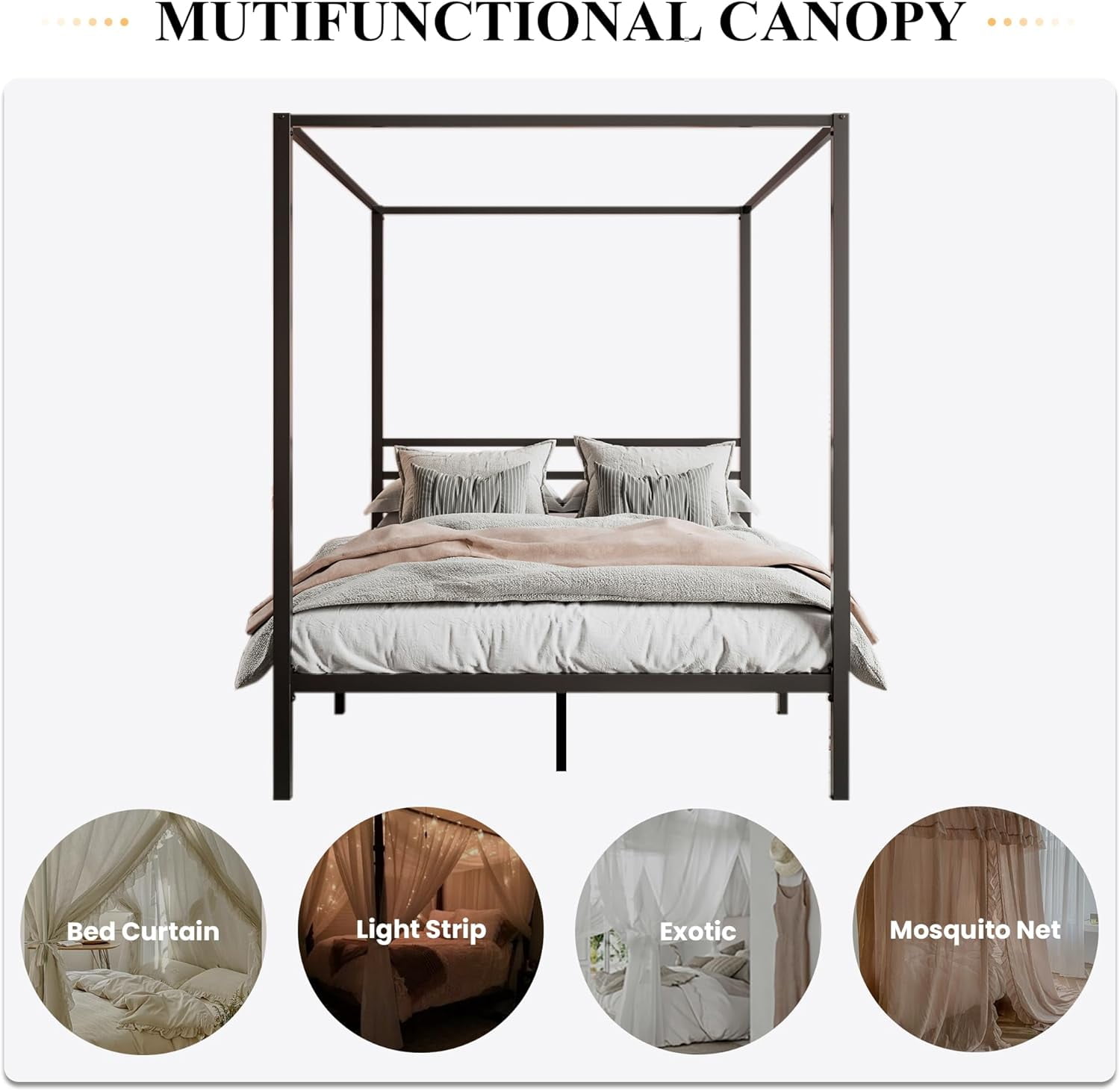 SHA CERLIN Queen Size Canopy Bed Frame with Metal Slats Support, Black