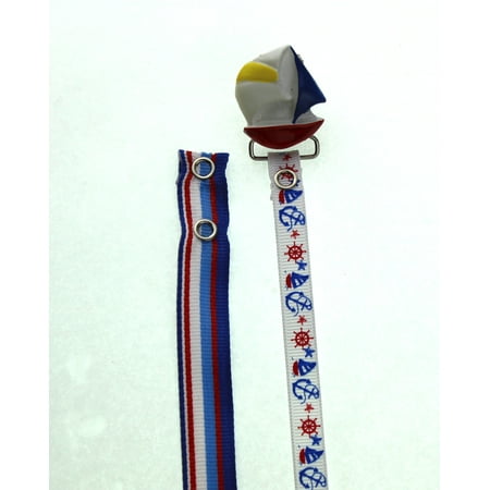 Blue Sail Boat Pacifier Clip With Two Matching Interchangeable Ribbons