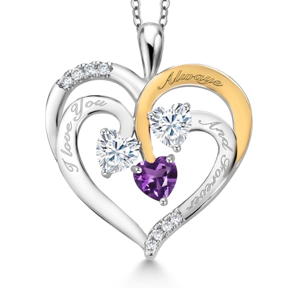 Gem Stone King Two Tone White Moissanite and Purple Amethyst `I love you always and forever` Engraved Pendant Necklace for Women (1.26 cttw, Heart Shape 5MM, 18 inch Chain)