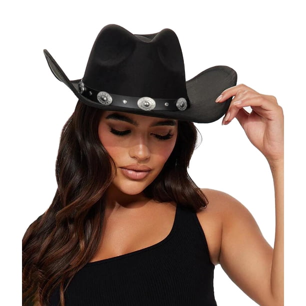 Sombrero vaquero Eohak con tachuelas y ala ancha para mujer, color negro