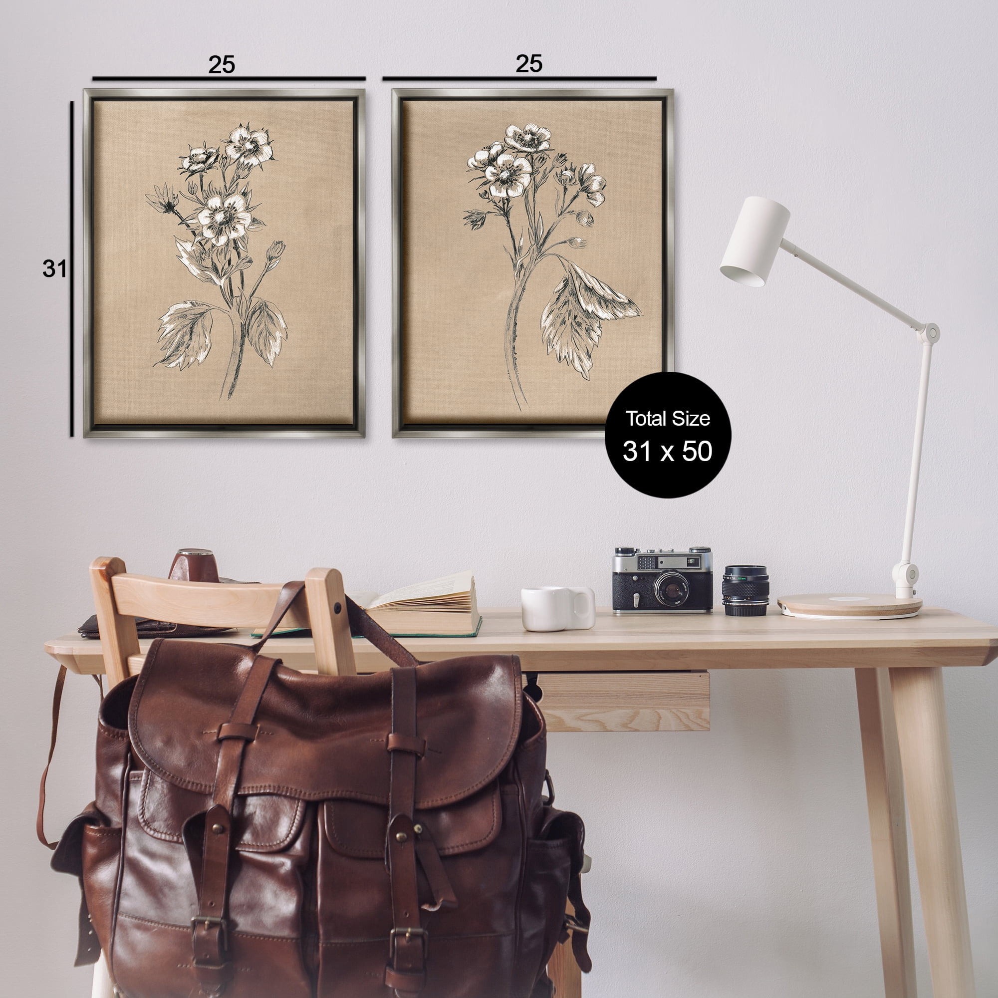 Stupell Industries Vintage Sketch Botanical Plants & Flowers Drawing Gray Floater Framed Canvas Art Print Wall Art, 31 x 25, Set of 2