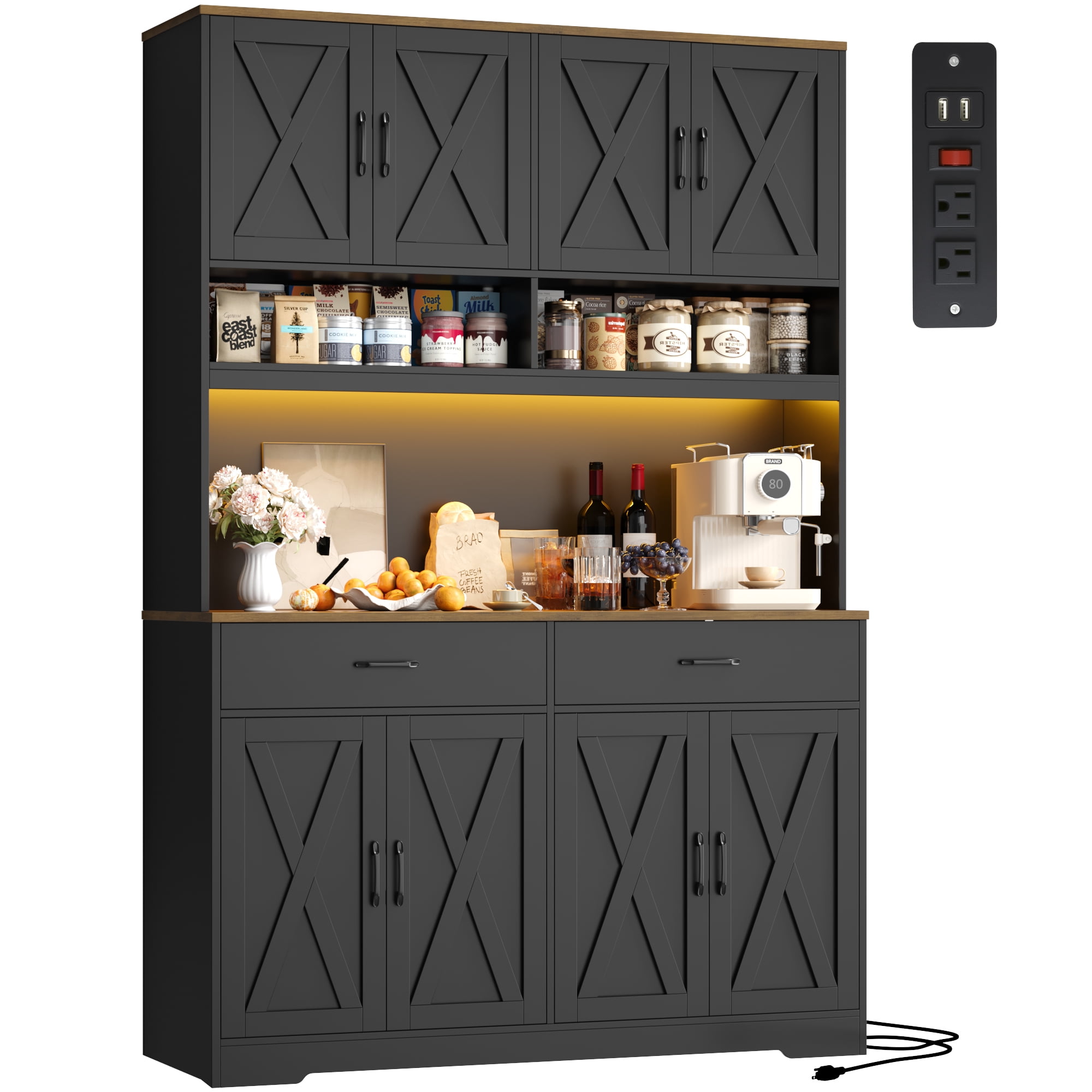 Hiphuta Farmhouse Kitchen Pantry Storage Cabinet, 75”H Freestanding Hutch with 8 Doors and 2 Drawers for Dining and Living Room, Black
