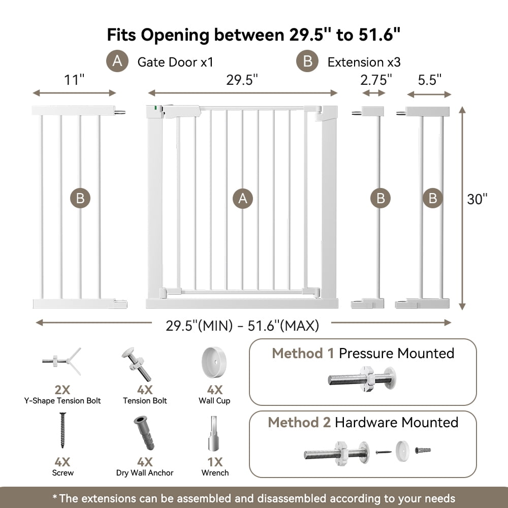 DOMIPET 29.5-51.6'' Extra Wide Pet Gate, 30''H Safety Doorway Gates Pressure Mounted,White