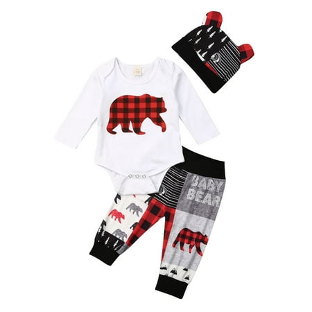 

Bebiullo 3Pcs Newborn Baby Boys Girls Clothes Set Bear Stitching Romper Bodysuit Pants Hat Christmas Outfits 6-12 Months