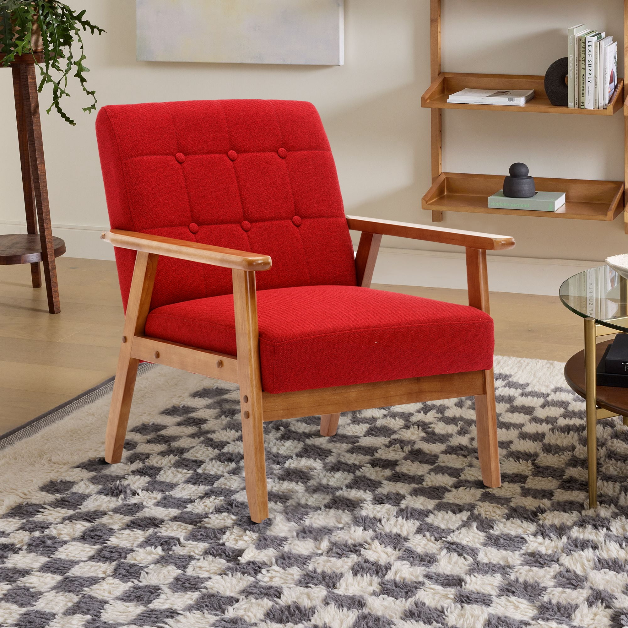 Miniyam Mid Century Modern Accent Chair with Wood Frame,Linen Fabric Single Reading Chair,Armchair for Living Room Bedroom Home Belcony Office,Red