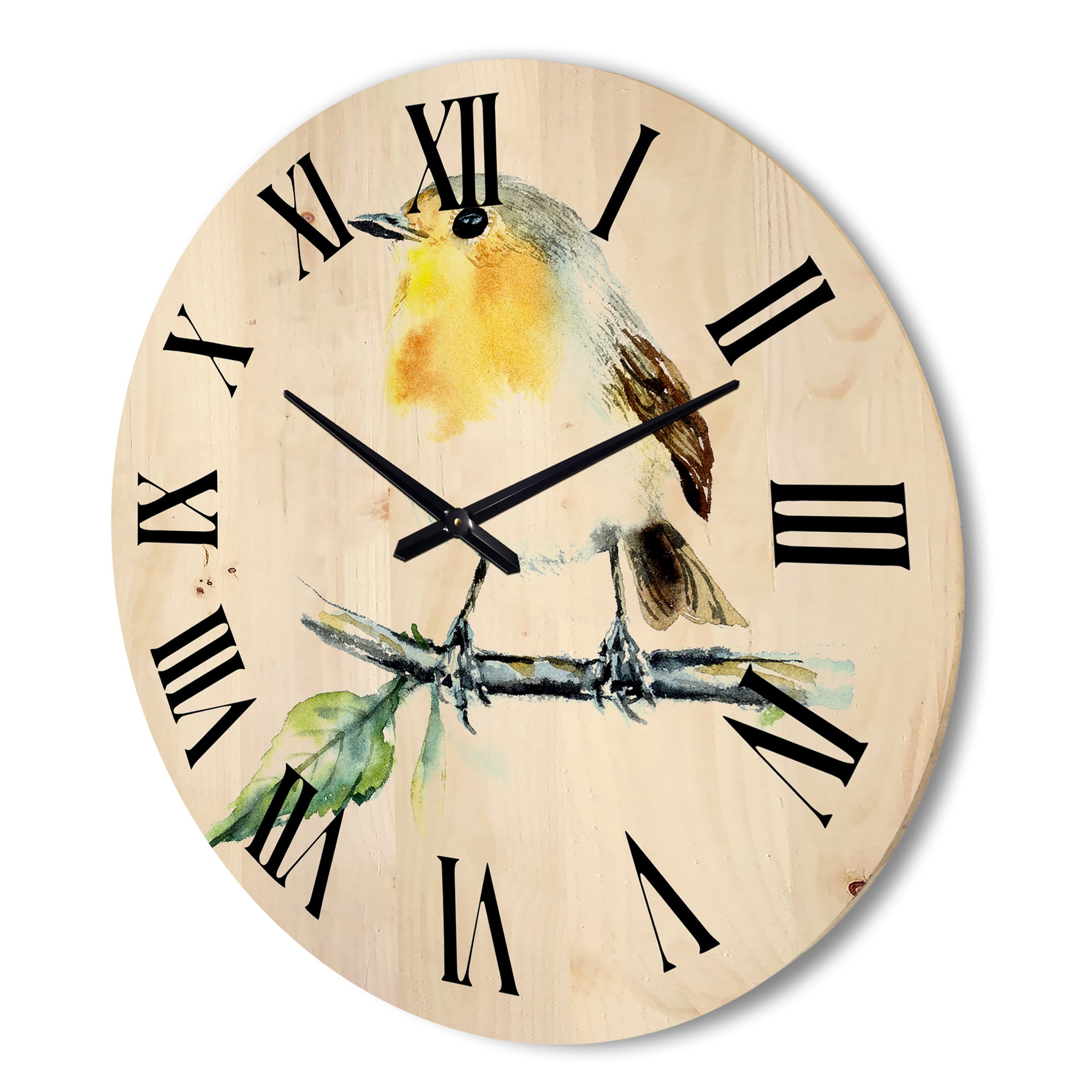 Designart 'Little Robin Bird Sitting On A Branch' Traditional Wood Wall Clock