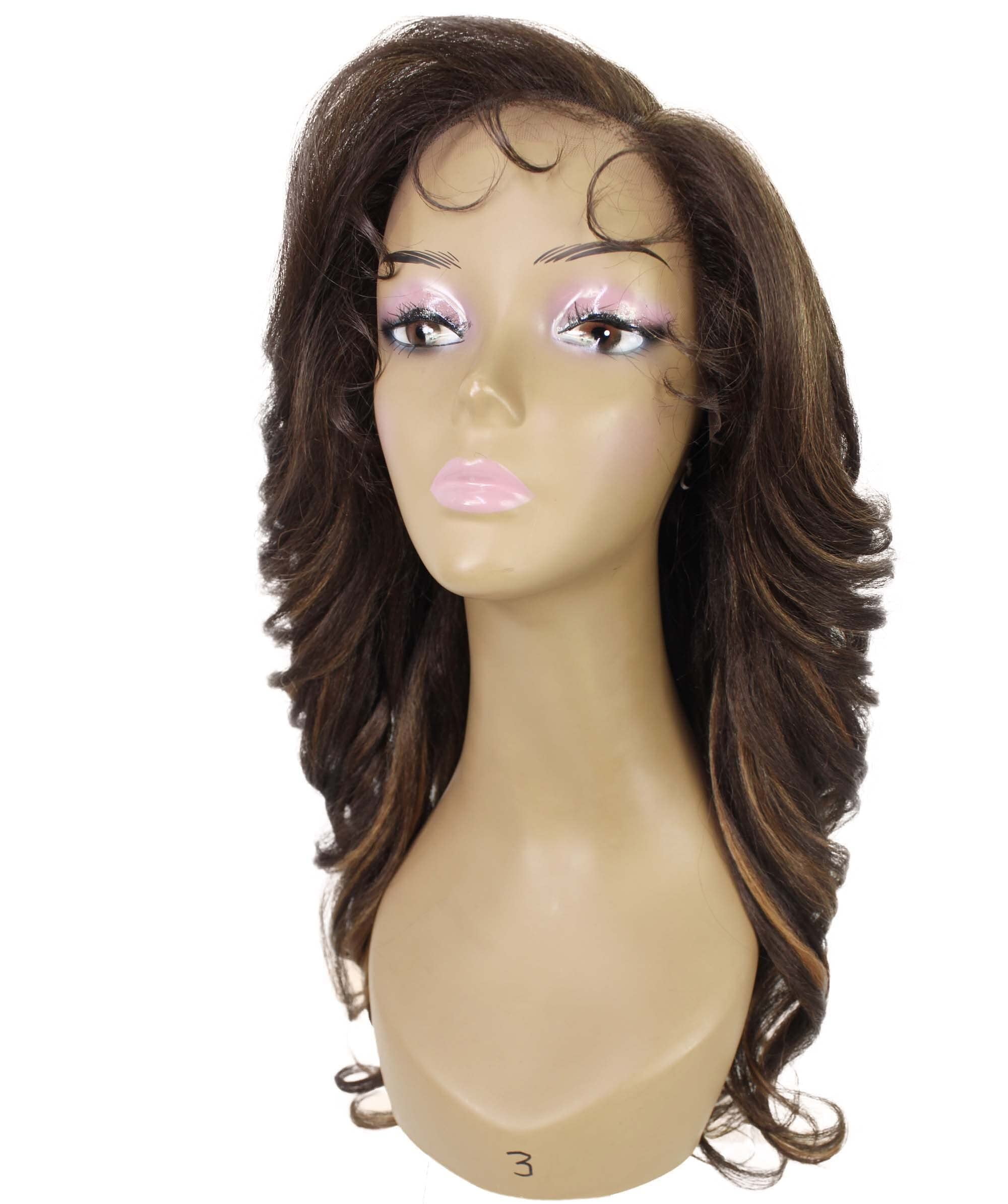 LUXLUXE Nia Wavy Glamour 20 in Long T Part Lace Front Wig, Heat Resistant Fibers, Dip Dyed, & Blended Brown with Golden Highlights Colors