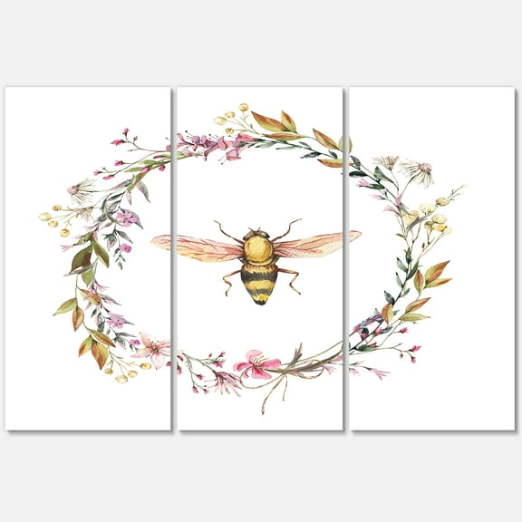 Designart ' Wildflowers Wreath and A Bee ' Farmhouse Canvas Wall Art Print