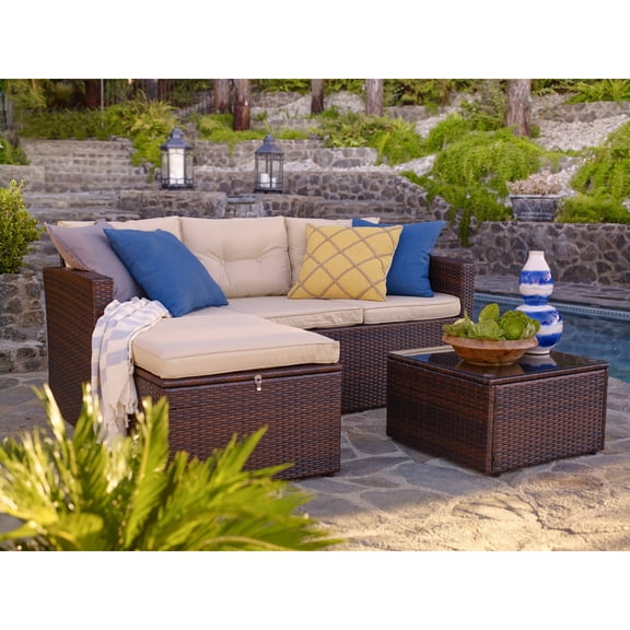 Incadozo 3-Piece All-Weather Wicker Conversation Set with Storage and Tan Cushions, Dark Brown