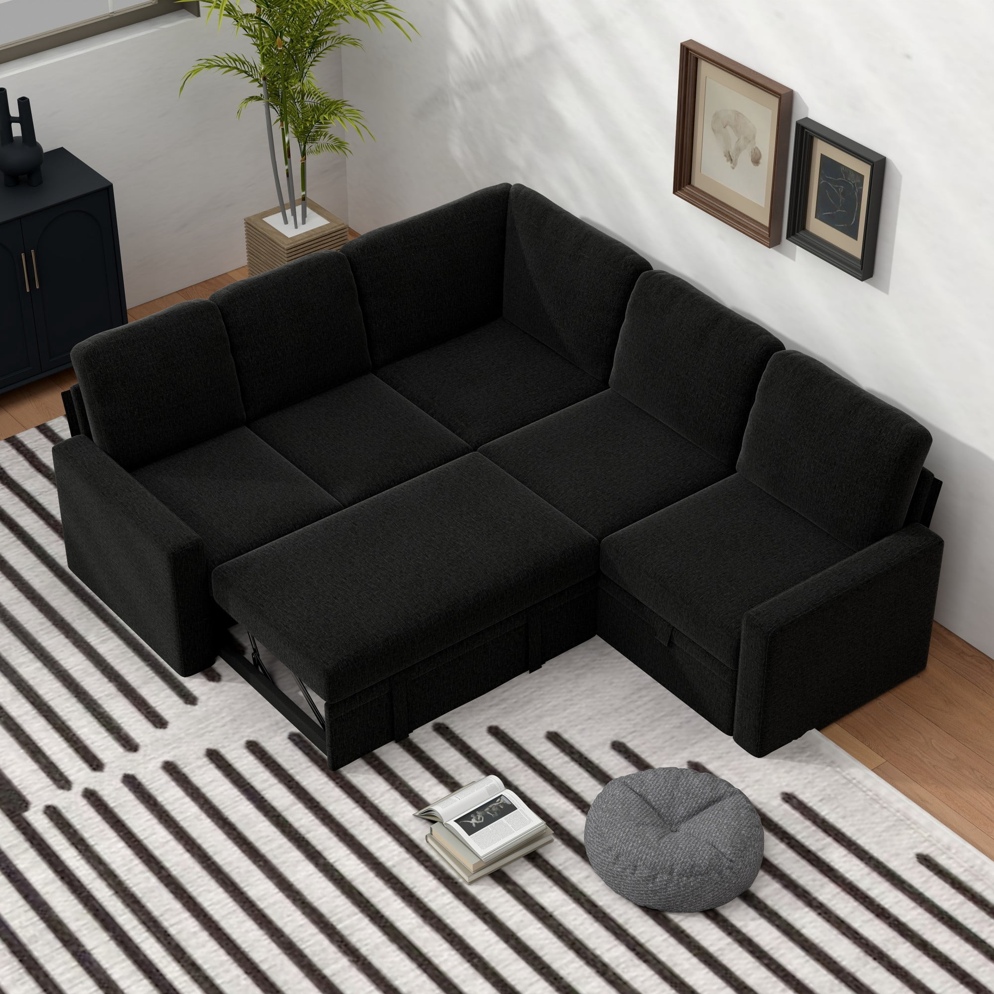 Gewnee 5-Seater Black L-Shaped Convertible Sofa - Skin-Friendly & Wear-Resistant Chenille Fabric, Solid Wood Frame with Multifunctional Storage, for Living Rooms & Halls