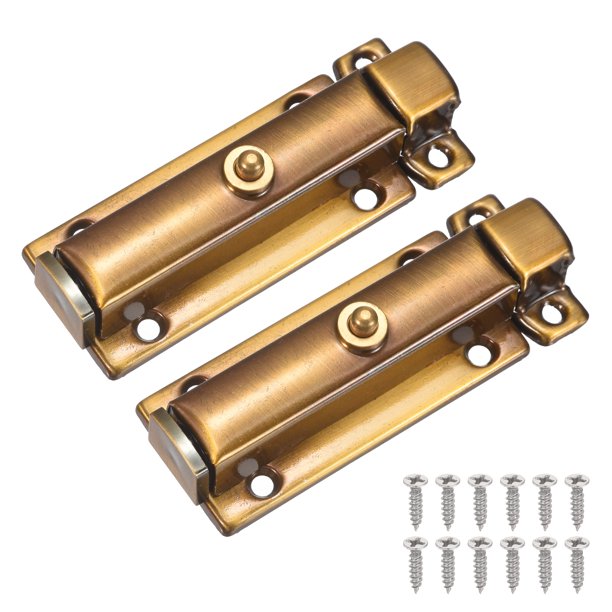 Uxcell 2Pcs Pasador de Resorte, 3.3 x 1.2 Pulgadas Cerrojo de Barril Deslizante de Acero Inoxidable con Tornillos para Puertas Interiores de Inodoro y Gabinetes, Bronce Amarillo