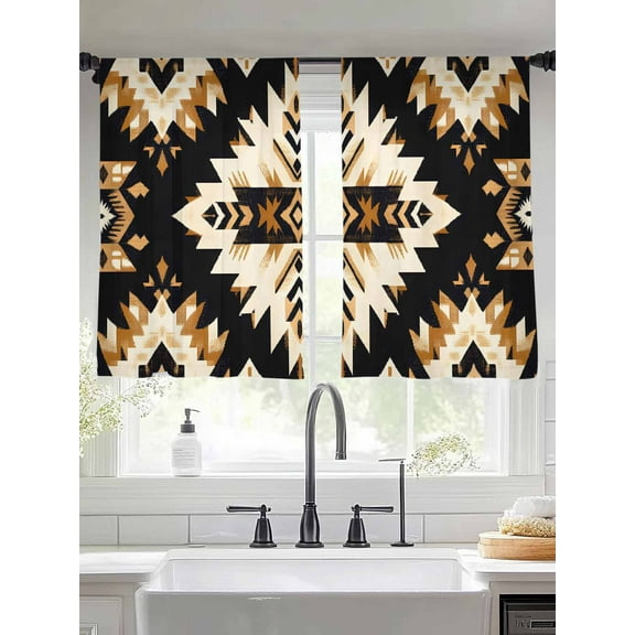 Southwestern Aztec Sheer Curtains for Living Room Bedroom Retro National Style Brown Abstract Sheer Curtains 45 Inch Long 2 Panels Set Light Filtering Curtain Window Treatments Drapes for Dining Room