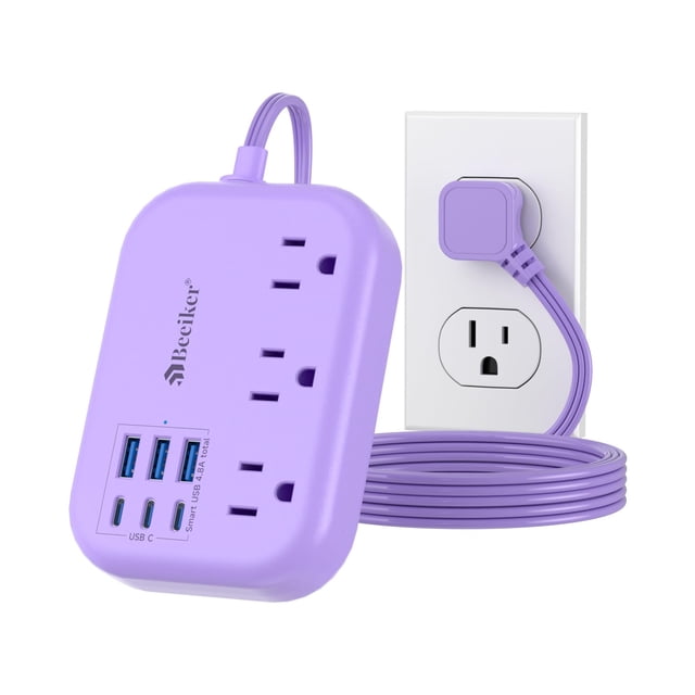 Power Strip Beeiker 9 en 1 con 3 enchufes y 6 puertos USB, color morado