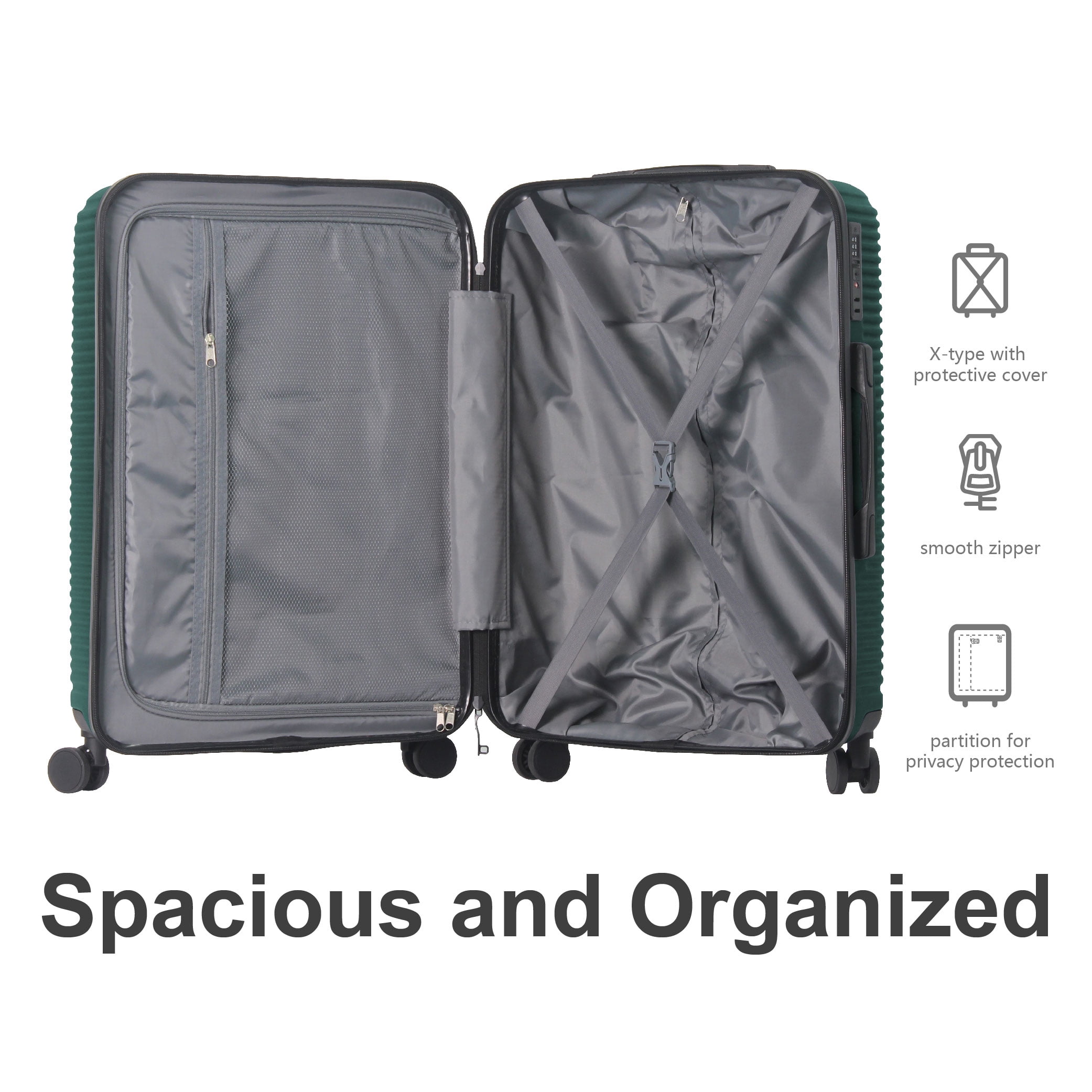 MAYEERTY 3-Piece ABS Luggage Set, Spinner Wheels, TSA Lock, Lightweight Suitcase, Dark Green