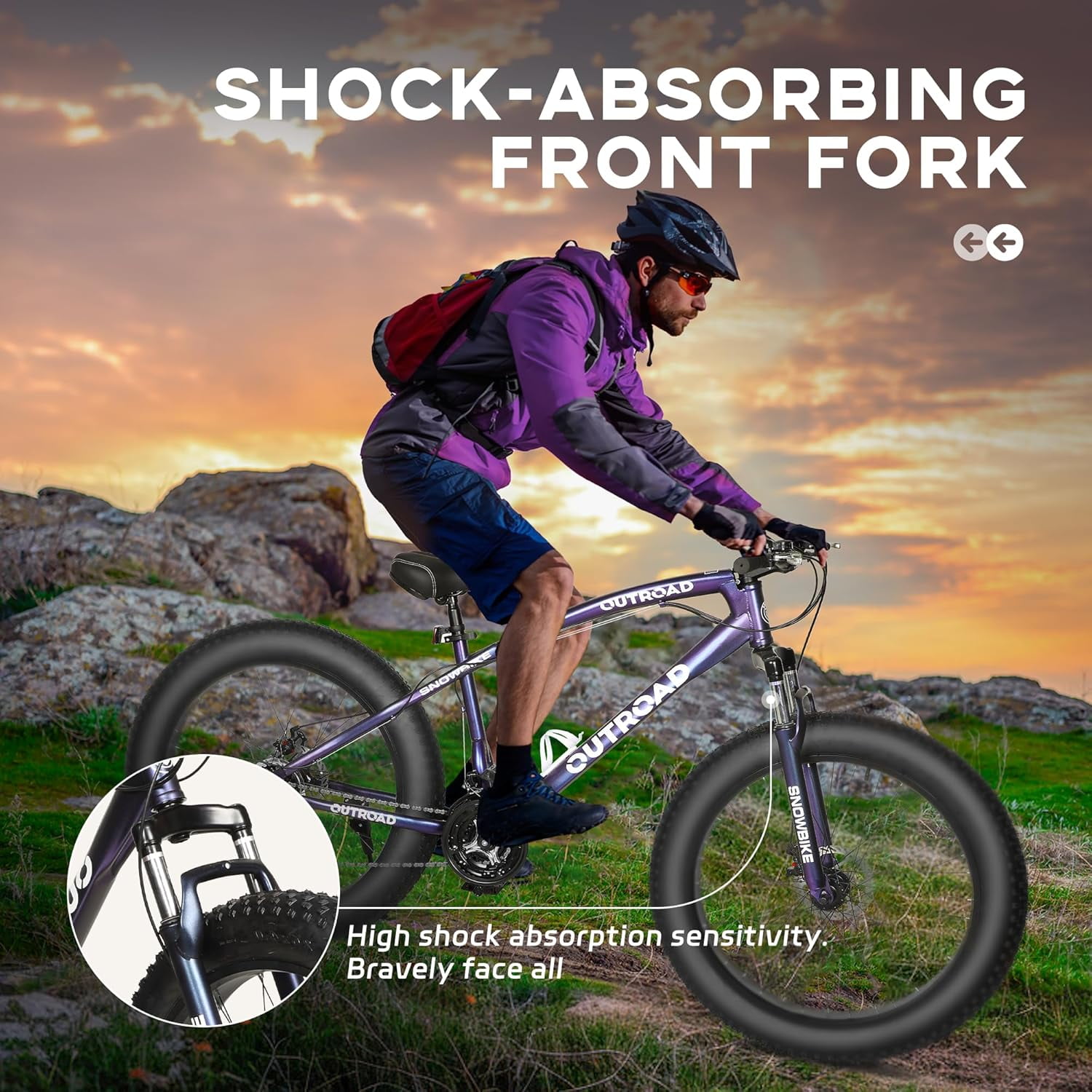 Marknig Fat Tire Mountain Bike with 26 inch Wheels, 21 Speed with High Carbon Steel Frame, Double Disc Brake and Front Suspension Anti-Slip Bikes, Purple