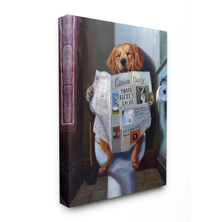 The Stupell Home Decor Collection Dog Reading the Newspaper On Toilet Funny Painting