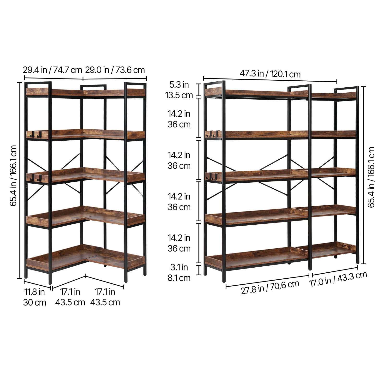 KFFKFF 5-Tier Corner Bookshelf with 4 Hooks, 65.4" Tall L-Shaped Bookcase with Sturdy Metal Frame & Wooden Shelves, Industrial Corner Display Shelf for Bedroom, Living Room, Office