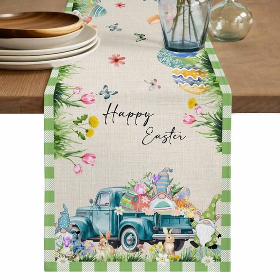 Table Runner 108 Inches Long for Kitchen Dining, Easter Dresser Scarf Farmhouse, Dining Table Decorations for Wedding/Parties, Green Plaid Blue Truck Eggs Bunny Rustic 13 x 108 In