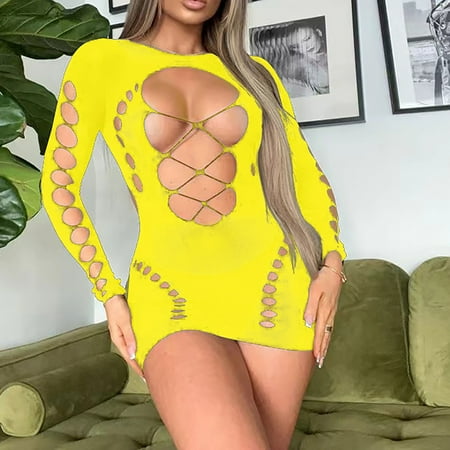 Abomasnow Lingerie for Women Sexy See Through Hollow Out Sheer Babydoll Bodysuit One Piece Long Sleeve Teddy Mesh Nightwear on Clearance