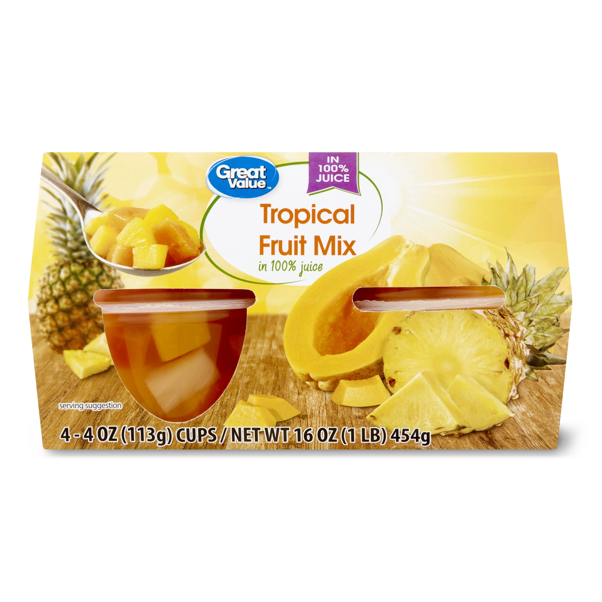 Great Value Tropical Fruit Mix in 100% Juice, 4 oz, 4 Cups
