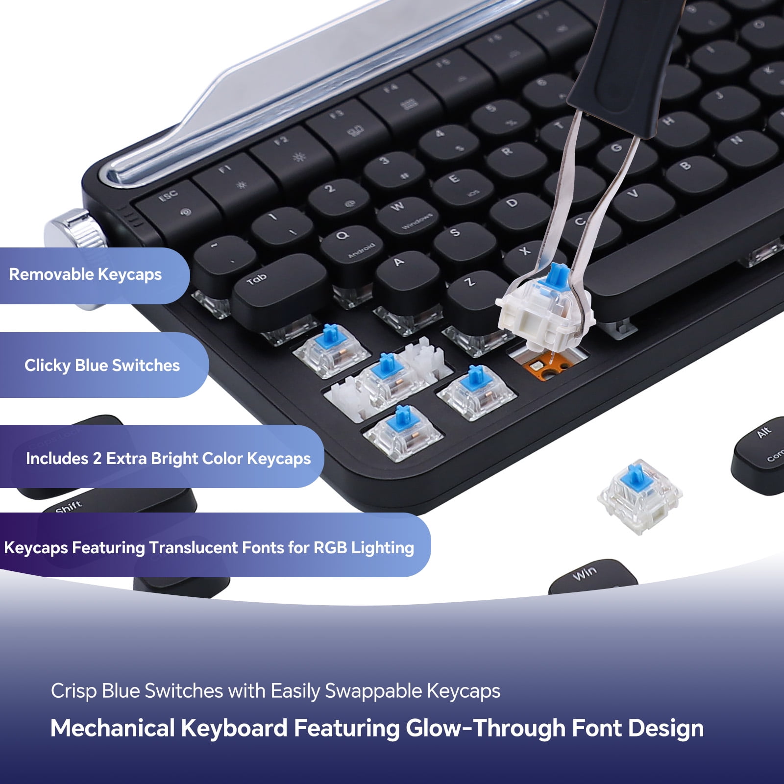 ACTTO B705 Retro Mechanical Keyboard, Black, Dual-Mode Bluetooth & Wired, Knob & Stand, Blue Switch, RGB Backlight, for Gaming & Office