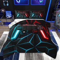 Feelyou Cartoon Game Console Bedding Comforter Set for Kids, Neon Glowing Honeycomb Twin Comforter Sets, Cyan Red Gaming Gamer Reversible Bedding Set, Lightweight Room Decor, 2pcs