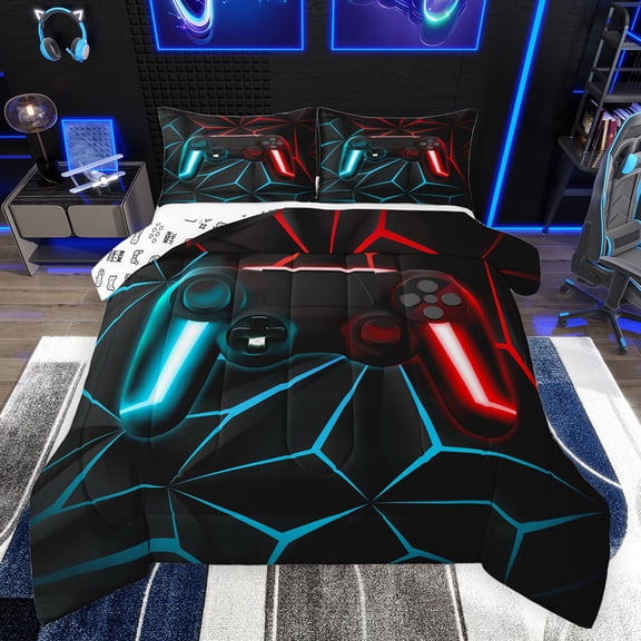 Feelyou Cartoon Game Console Bedding Comforter Set for Kids, Neon Glowing Honeycomb Twin Comforter Sets, Cyan Red Gaming Gamer Reversible Bedding Set, Lightweight Room Decor, 2pcs