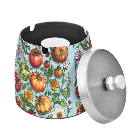 Yayeee Ashtray with Lid for Cigarette Smokeless Stainless Steel Home Ash Holder, Floral Tomatoes