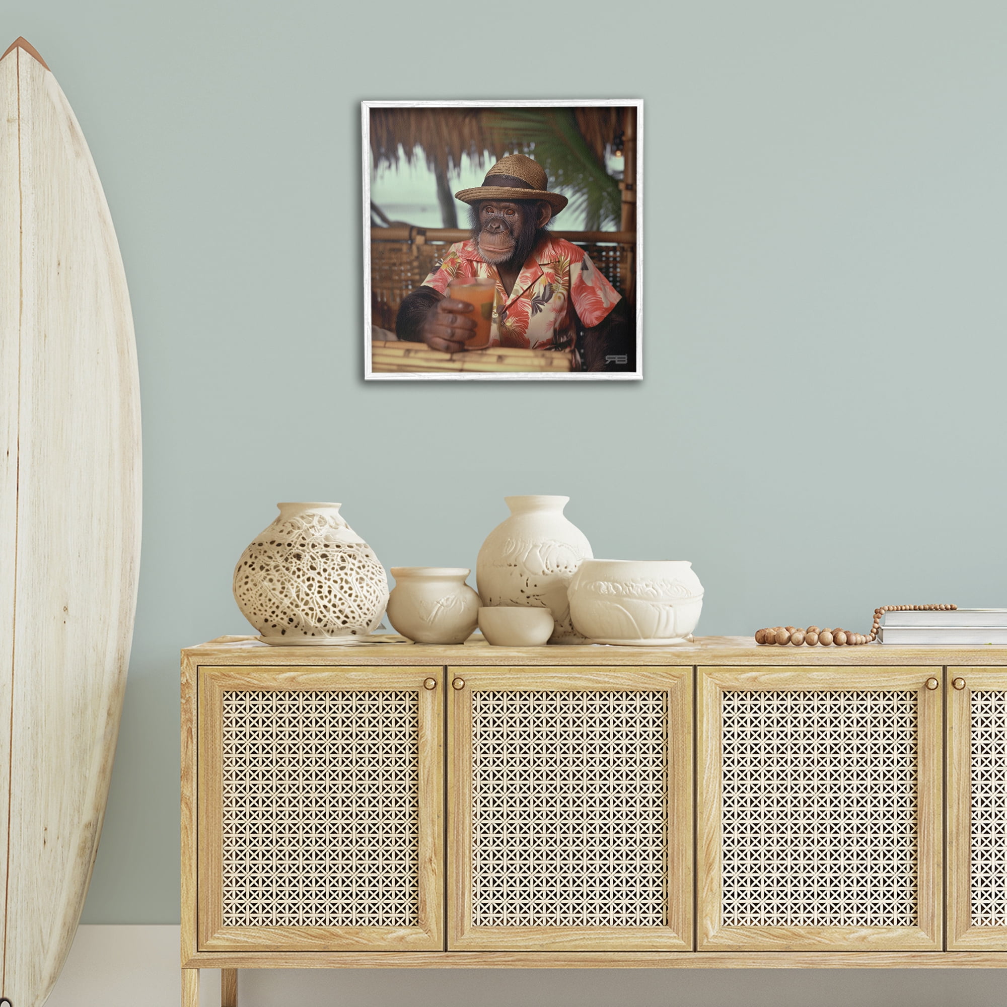 Stupell Industries Tropical Vacation Monkey Novelty Painting White Framed Art Print Wall Art, 24 x 24