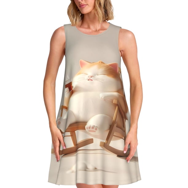 Balery Relaxing Cat With Tea Vestidos de verano para mujer con estampado: vestido holgado sin mangas, vestido playero informal y cómodo para días calurosos.