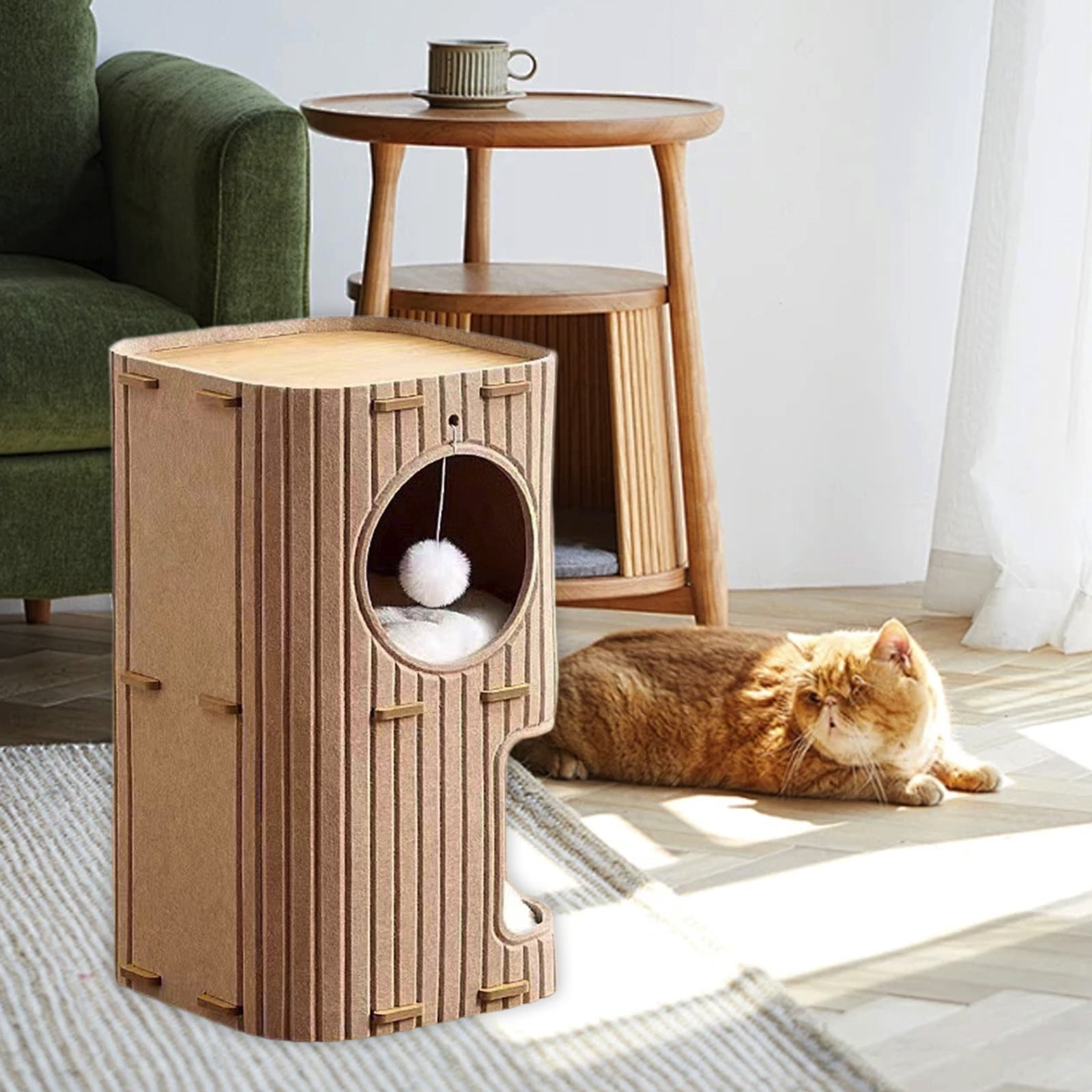 2-Story Felt Cat House With Washable Mats,Indoor Cat Bed Cave For Multiple Pets,14.57x14.57x23.62 Inch Cozy Hideaway With Tunnel,Detachable Design For Easy Cleaning,Brown And Green