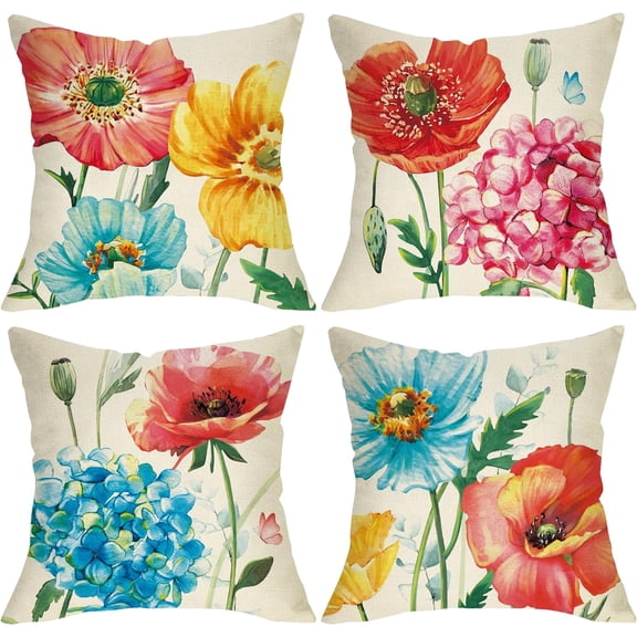 Spring Summer Flower Decorative Throw Pillow Covers 18 x 18 Set of 4, Watercolor Poppy Hydrangea Floral Porch Patio Outdoor Home Decor, Butterfly Seasonal Couch Cushion Case