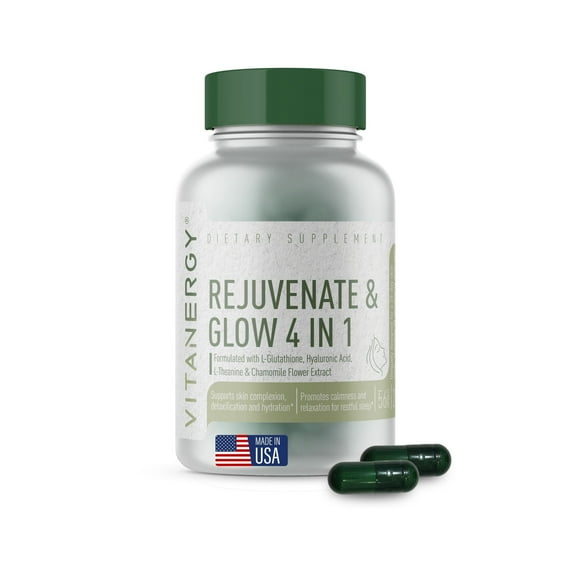 Vitanergy Rejuvenate & Glow 4-in-1 Capsules, 56 Ct – L-Glutathione, Hyaluronic Acid, L-Theanine, Chamomile – Skin Hydration, Relaxation & Nighttime Support, Made in USA