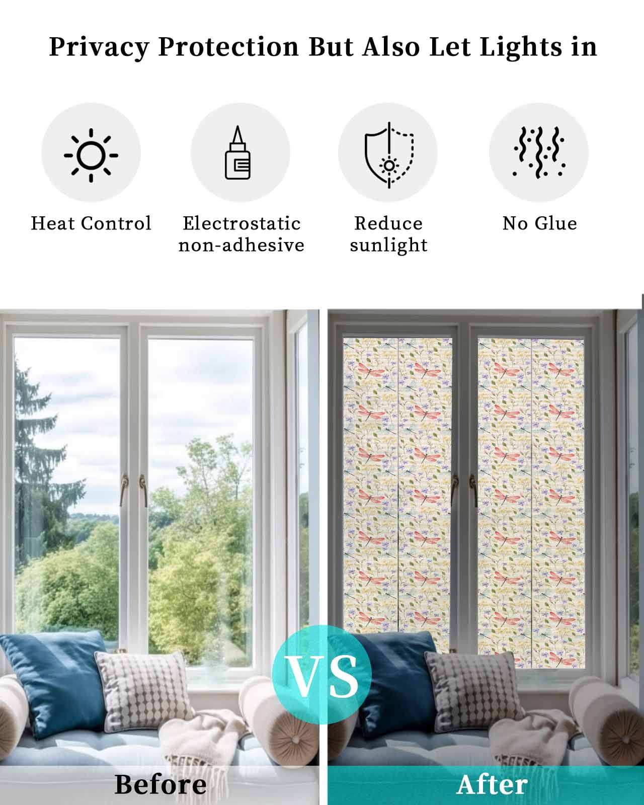 Window Privacy Film Red Dragonfly Stained Glass Window Film Decorative Sun Block Window Cover Spring Botanical Pastoral Flowers Window Clings Static Adhesive Sticker for Bathroom 17.7"x78.7"