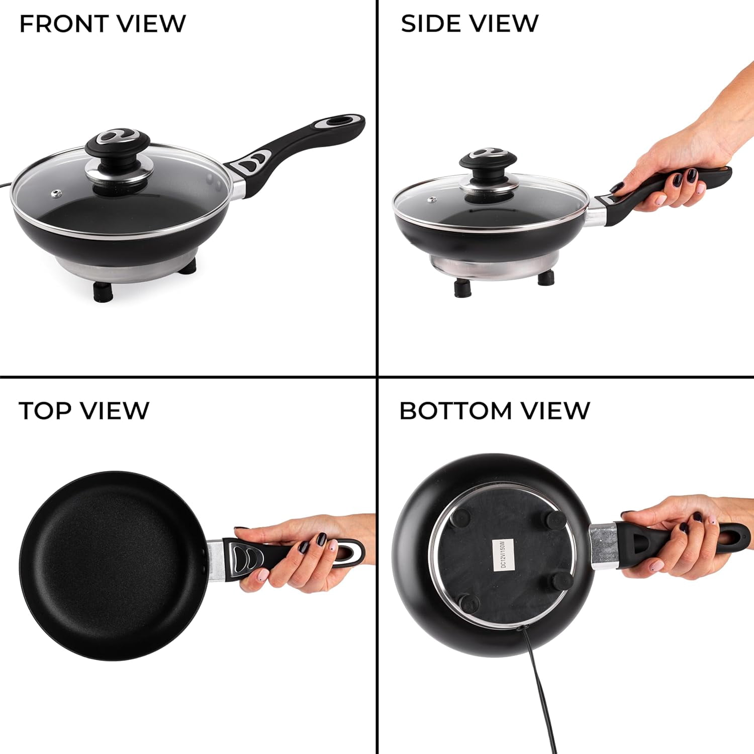 Zone Tech 12V Stainless Steel Frying Pan, 7.5-inch Portable Non-stick Frying Pan with Glass Vented Lid, Stay-cool Handle, Rapid Heat Up, Perfect For Camping, Picnic and more