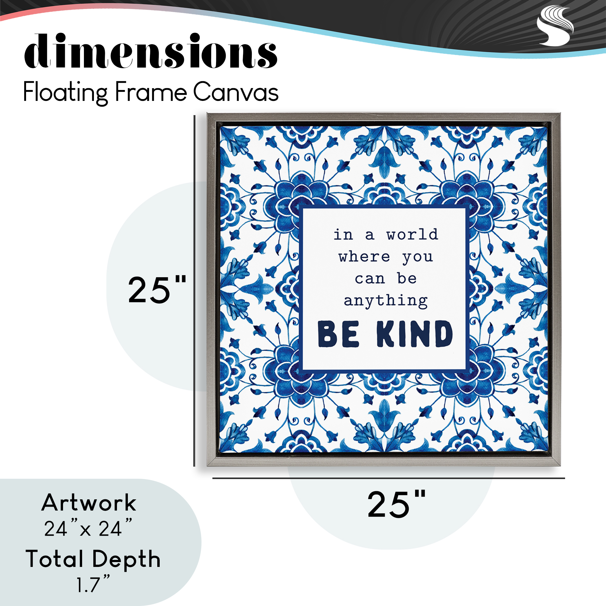 Patterned Be Kind Encouragement Gray Framed Floater Canvas Wall Art, design by Lettered and Lined