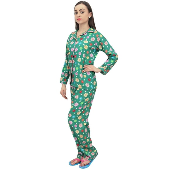 Bimba Women Green Floral Print Shirt With Pajama Pant 2 Pcs Night Wear Set - 4