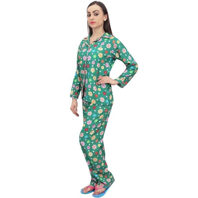 Bimba Chemise Verte à Imprimé Floral pour Femmes avec Pantalon de Pyjama Ensemble de Nuit 2 Pcs - 30