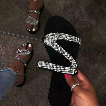 LoyisViDion Womens Sandals Clearance Women'S Casual Solid Crystal Roman Plus-Size Flat Slippers Sandals Shoes Silver 6.5(38)