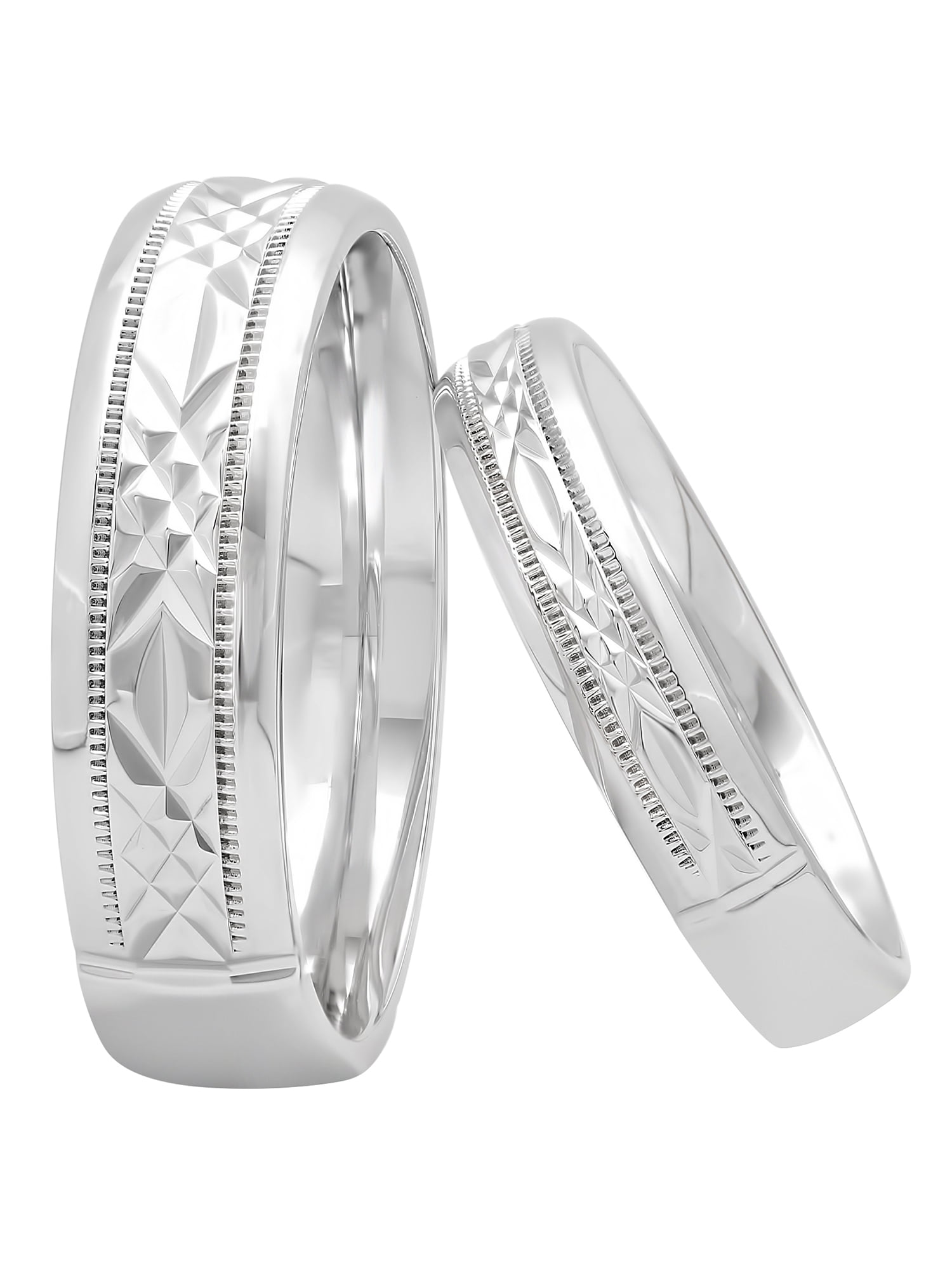 His and Hers Sterling Silver Diamond Cut Matching Wedding Band Set –  Two-piece set